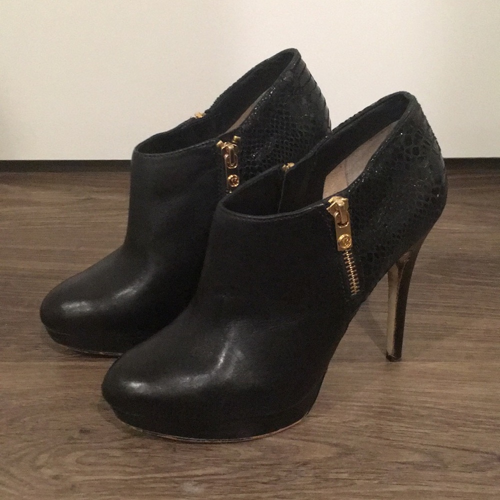 MICHAEL Michael Kors Black Leather & Textured Ankle Booties with Gold Zippers